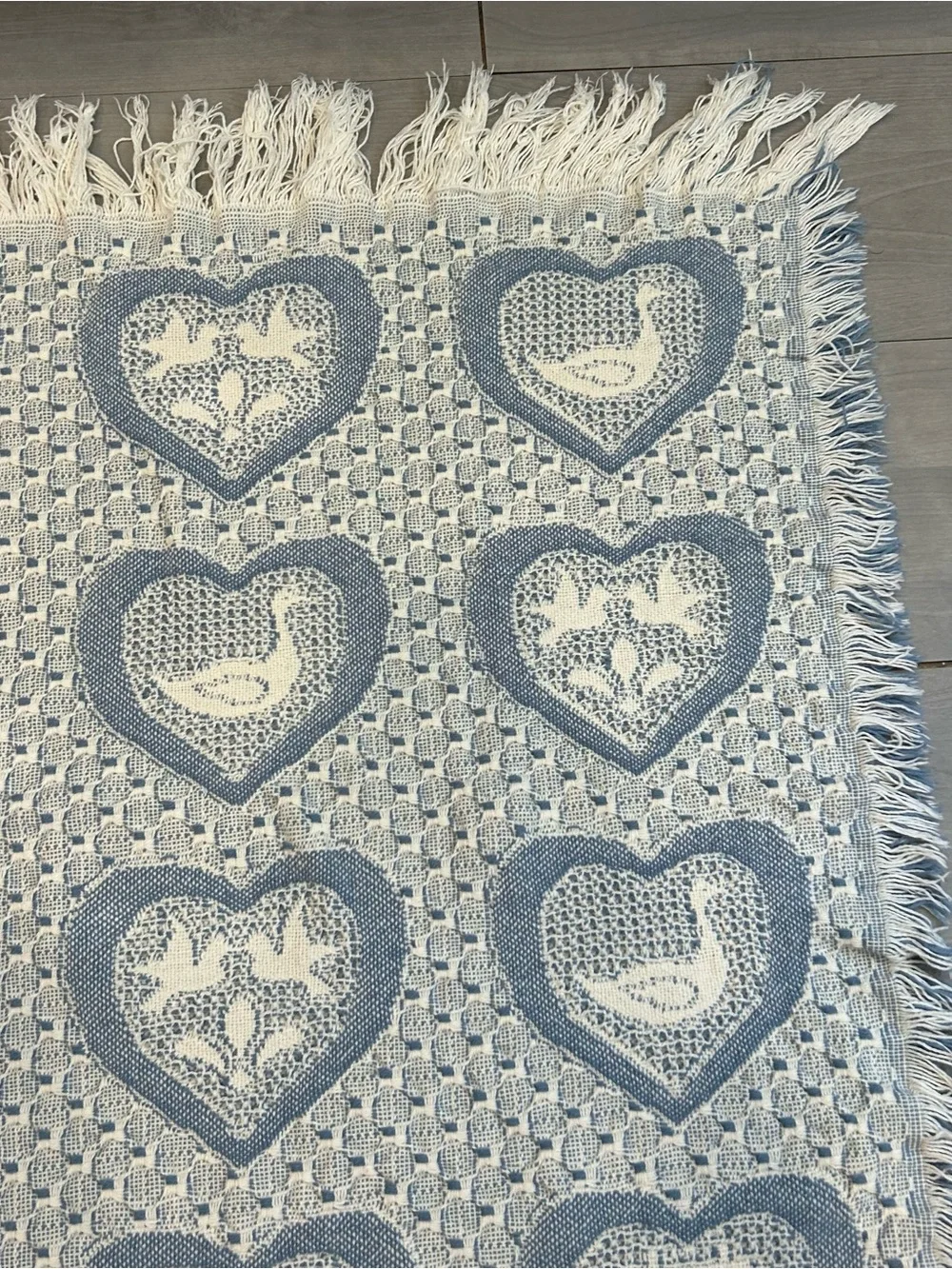 Vtg Woven Tapestry Throw Blanket Hearts Ducks Cottagecore Farmhouse Fringe 44x50